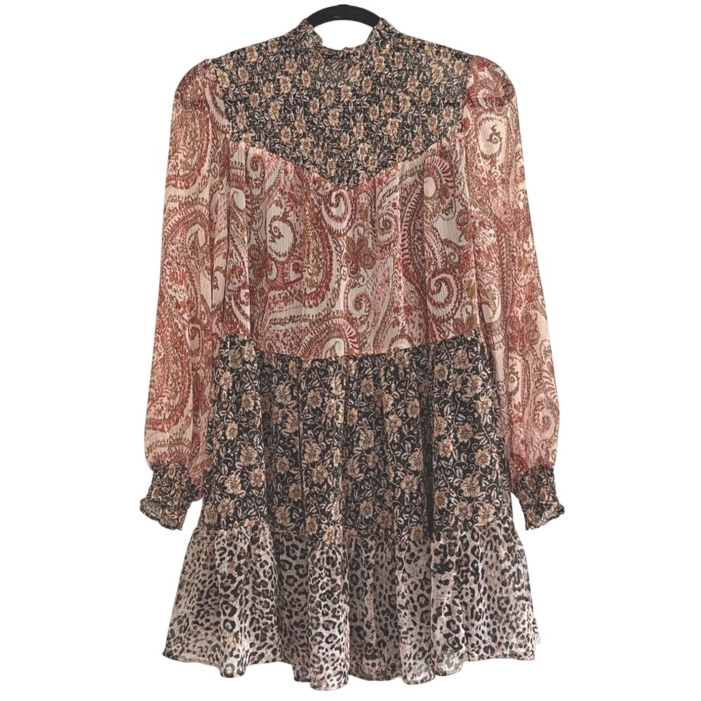 Zara Patchwork Print Mini Dress Paisley Floral Leopard S Boho Festival EUC